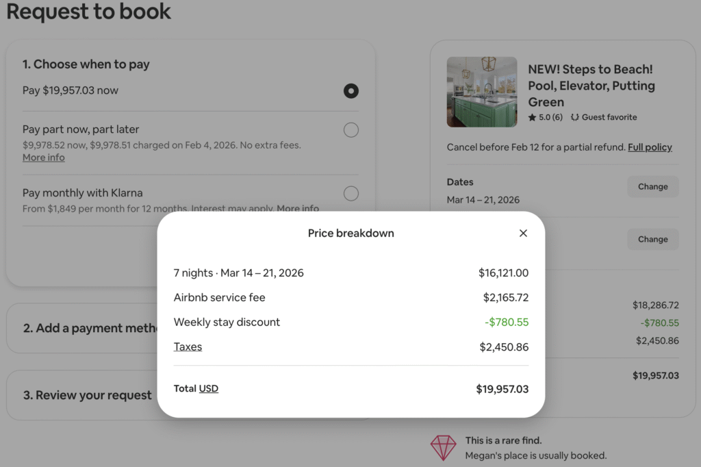 Screenshot of a booking form March 14-21. Book'd Vacations has the best price. Two thousand dollars less than other booking sites.