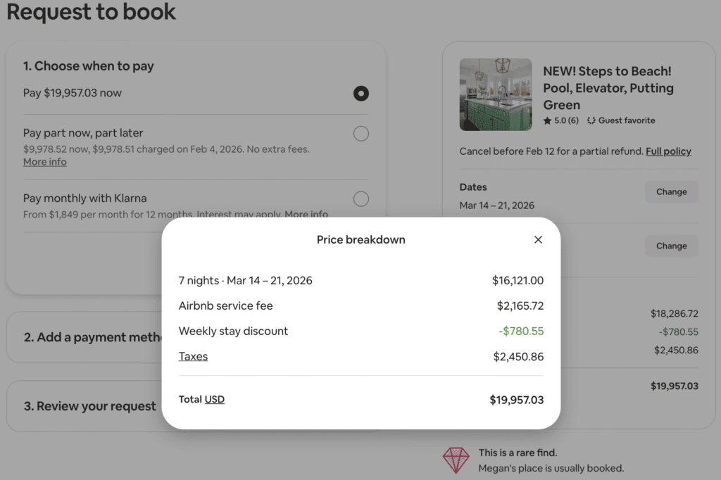Screenshot of a booking form March 14-21. Book'd Vacations has the best price. Two thousand dollars less than other booking sites.